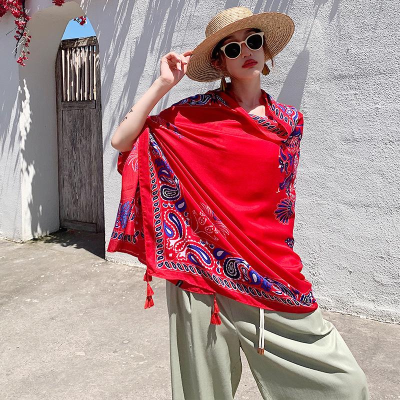 Red print ladies spring autumn summer outdoor sunshade sunscreen shawl scarf silk scarf travel photo shawl tassel
