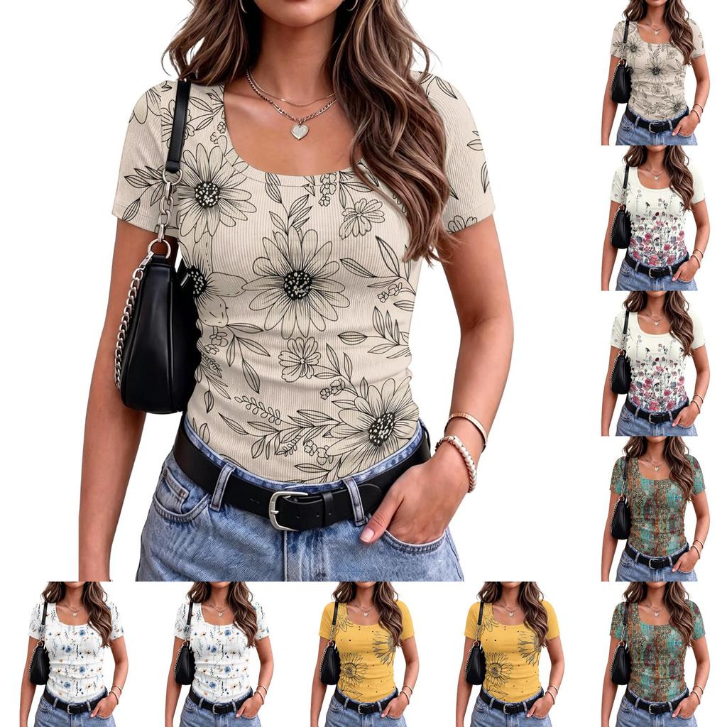 Women Slim Fit Short Sleeve Top Square Neck Vintage Floral Print Ribbed Knit Stretchy T-Shirt Casual Summer Blouse