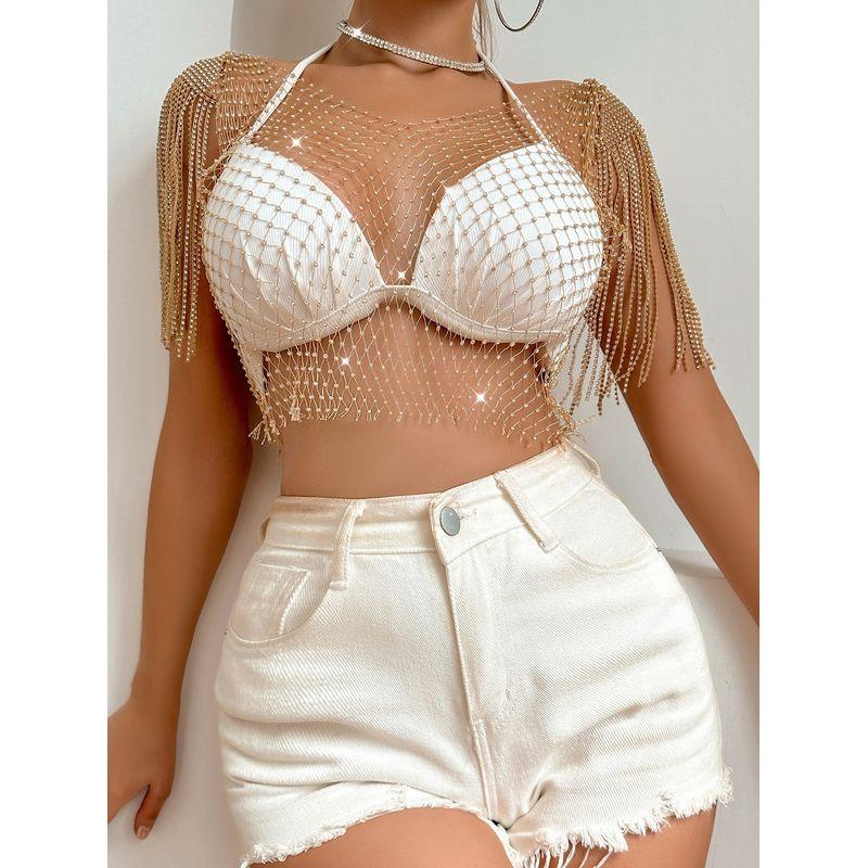 Rhinestone Sexy Fishnet Tops Fashion Summer Amazon Rhinestone Women's Tassel Tippet V Neck T-shirt Shiny