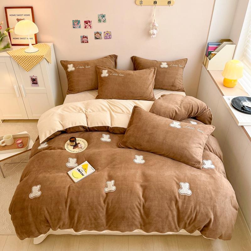 Cartoon Milk Velvet Four Piece Patch Embroidered Coral Velvet Quilt Cover Flannel Sheet Quilt Cover