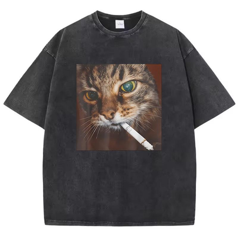 Hip Hop 2000s Smoking Retro Cat T Shirt Vintage Washed Cotton T-Shirt Graphic Tee Casual Streetwear Spring Summer