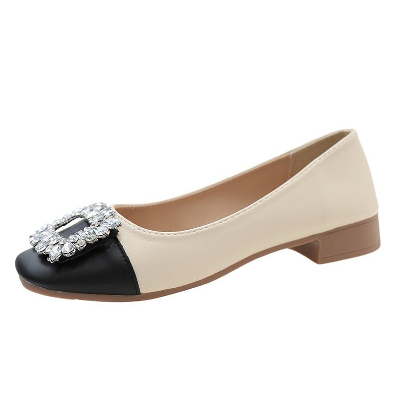 One-pedal women's shoes autumn low-heeled color matching soft sole not tired feet casual rhinestone square buckle square head work shoes