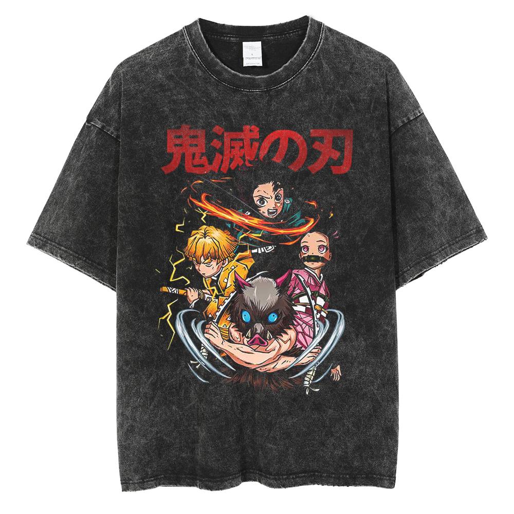 Heißes Anime Demon Slayer Kamado Tanjirou Print T-Shirt Herren Vintage Gewaschene T-Shirts Lässiges Baumwoll-T-Shirt Harajuku Männlich Manga T-Shirt