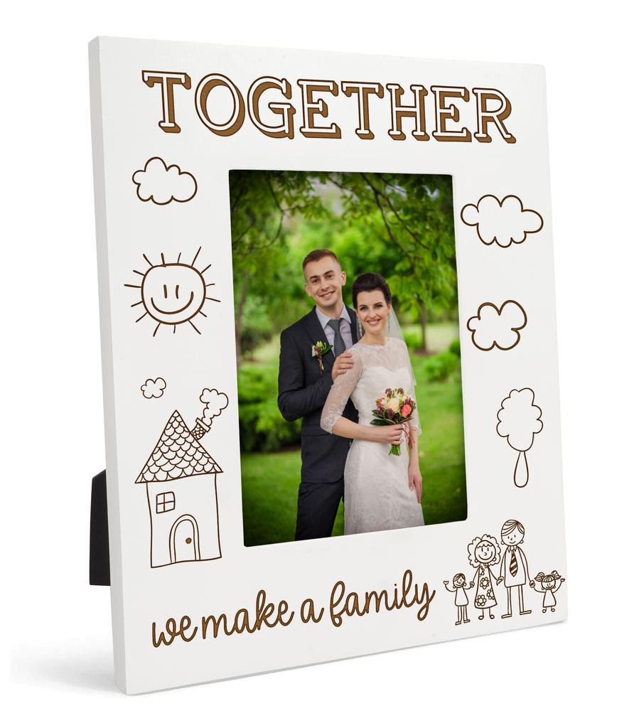 Darling Souvenir MADE WITH LOVE Gravierter Tischaufsteller-Fotorahmen Holz Gemeinsam bilden wir Familie Zitate Weißer Bilderrahmen