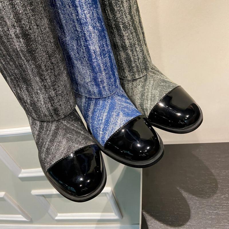 Módní značka Hovězí kůže+denim Kožená přezka Dlouhé kozačky Podzim Zima Kořeněné dívky 5,5cm Vysoké podpatky Módní Kozačky po koleno Dámské Denimové kozačky 44