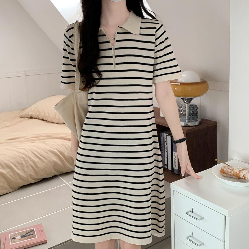 Polo Neck Loose Striped Casual Knitted Short Skirt Lapel Zipper Medium and Long Skirt