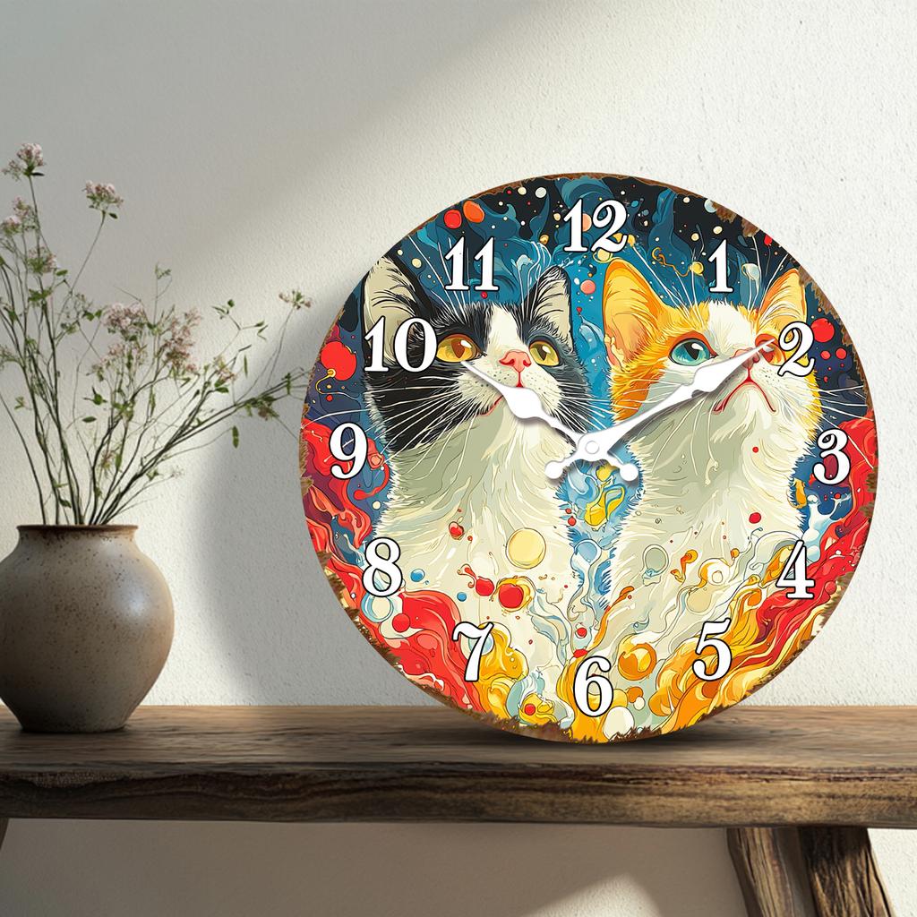 Vibrant Cats Art Wall Clock, Decorative Silent Quartz Clock for Home Office, Colorful Feline Design Timepiece, Unique Animal Lov