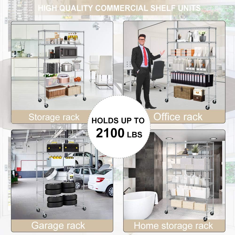 Metal Shelves 6 Layer Wire Shelving On Wheels Heavy Duty Metal Storage Rack Utility Shelves 48" NSF Steel Racks 2100 LBS Capacity Adjustable Standing