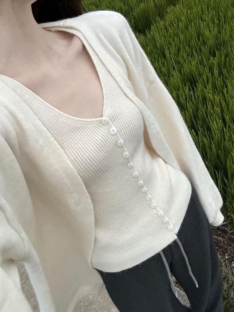 Korean Style Knit V-Neck Cardigan & Camisole Set for Women - Autumn/Winter Sweater Vest Duo