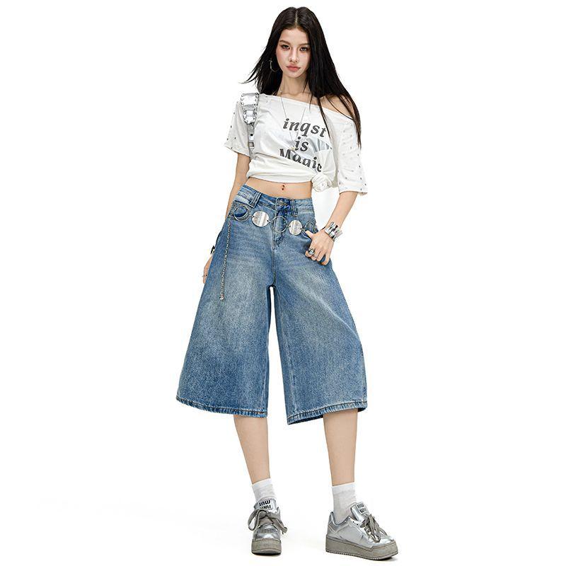 Fashion Summer High Street Vintage Slim Wide Leg Straight Denim Cropped Capri Pants Versatile AllMatch FigureFlattering Casual Wear