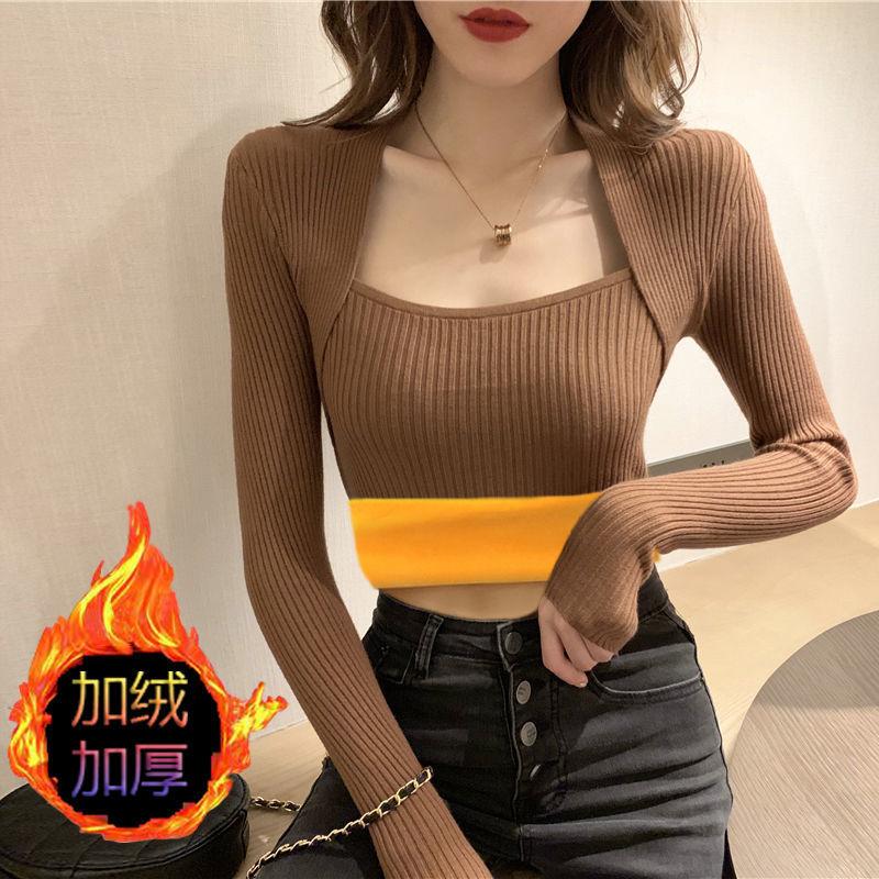 

[] Autumn and winter thickened versatile solid color knitted sweater square neck sweater with women s inside One size fits all темно-коричневого кольору