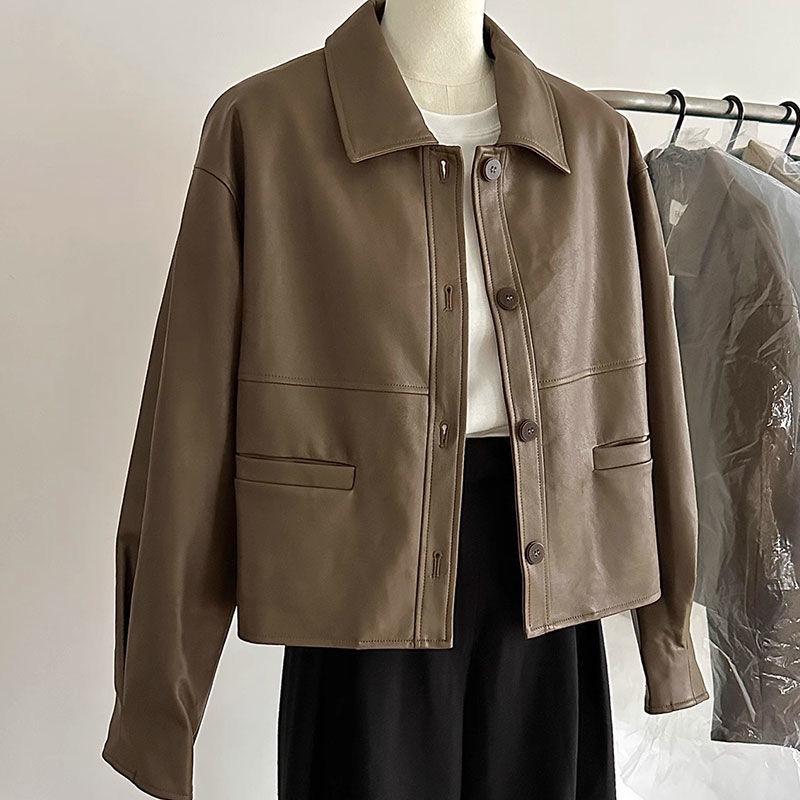 Women's Short Solid Color Leather Jacket - 2025 Spring/Autumn Collection