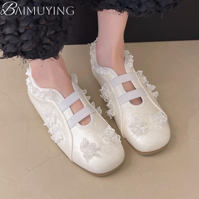 Lace Women Ballet Flat Sandals Square Toe Marie Janes Shoes Woman Loafers 2025 Trend Summer Dress Soft Leather Elegant Zapatos