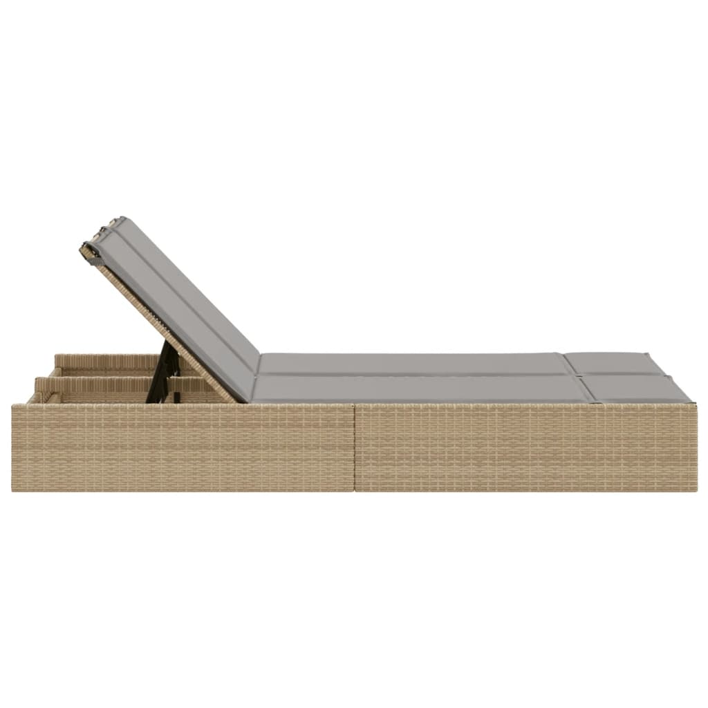 Double Sun Lounger with Cushions Beige Poly Rattan