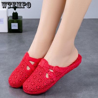 PVC Slides Women's Outer Wear Holey Shoes Summer Soft Bottom Thick Bottom Sandals Home Bathroom Hollow Wrapped Toe Slipper Outdoor Beach Flip-flops