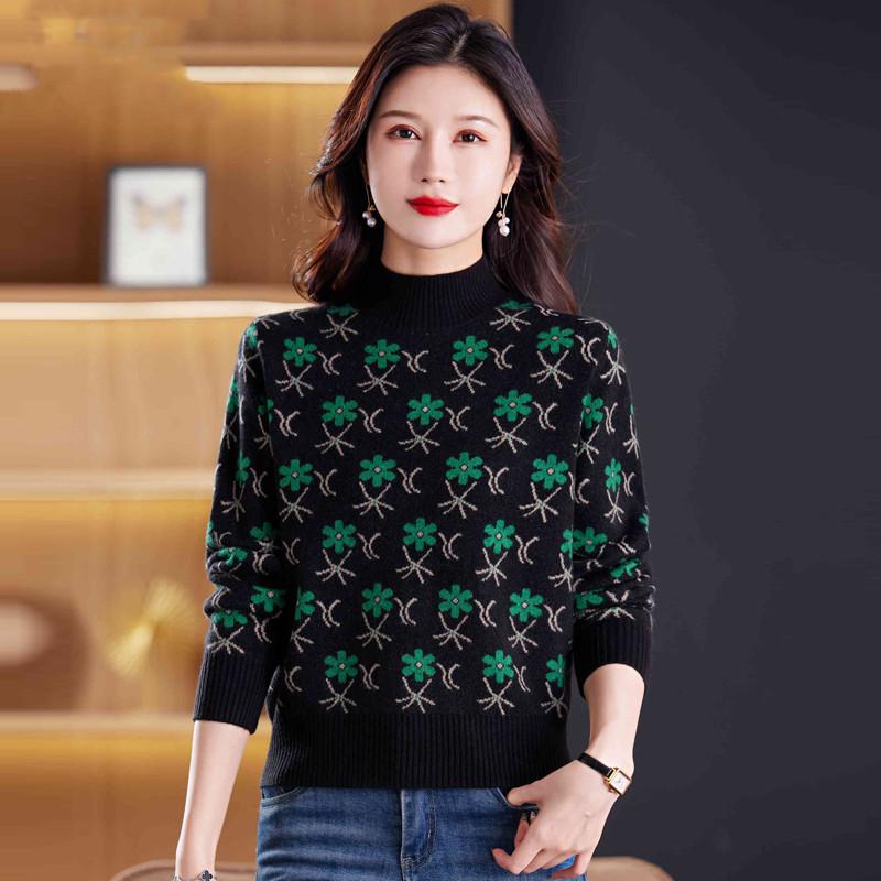 Jacquard Sweater Loose Half Turtleneck Knitted Sweater for Women In Autumn and Winter Fashionable and Casual Pullover