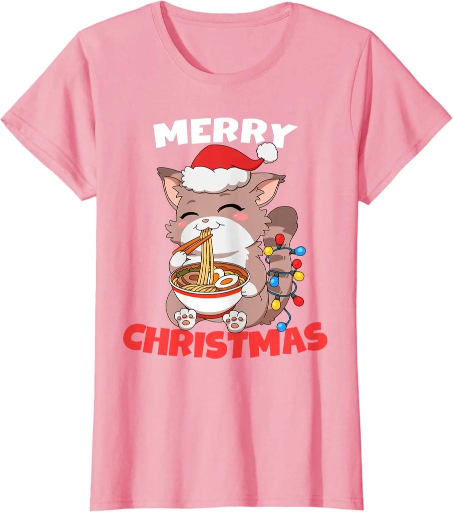 Frohe Weihnachten Anime Kawaii Katze Ramen Weihnachtsbeleuchtung T-Shirt