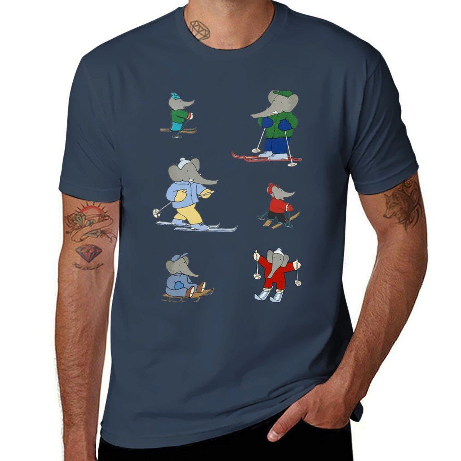 Babar goes skiing TShirt Work Wear Breathable Tee S