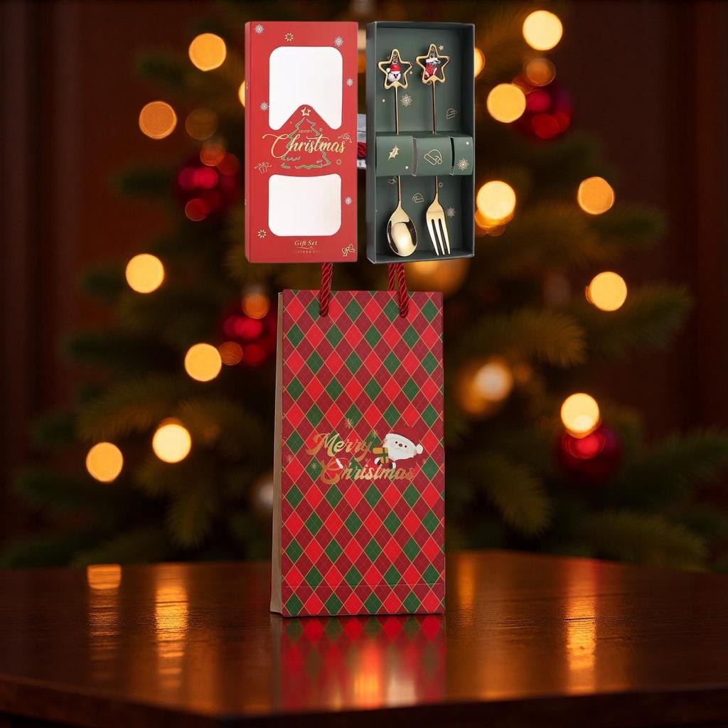 Christmas Cartoon Cutlery Set: Forks, Spoons, and Gift Box Featuring Cute Reindeer and Tree Designs.
