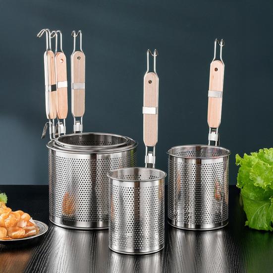 Cesta de Fritura Profunda em Aço Inoxidável Peneira de Malha Grossa Concha com Ganchos Duplos Colher Peneira Antiderrapante Resistente ao Calor para Macarrão de Sopa Malatang