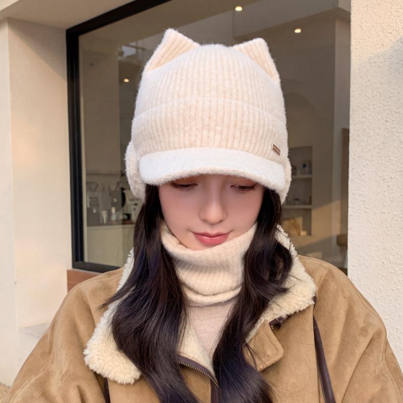 Internet celebrity cat ear knitted hat women's autumn and winter versatile velvet ear protection baseball cap cute thickened warm wool hat