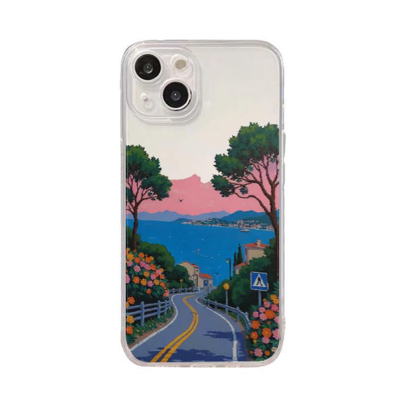 Applicable to Apple mobile phone case 15pro animation aesthetic landscape iphone16 transparent case 17 soft silicone 14 all-inclusive