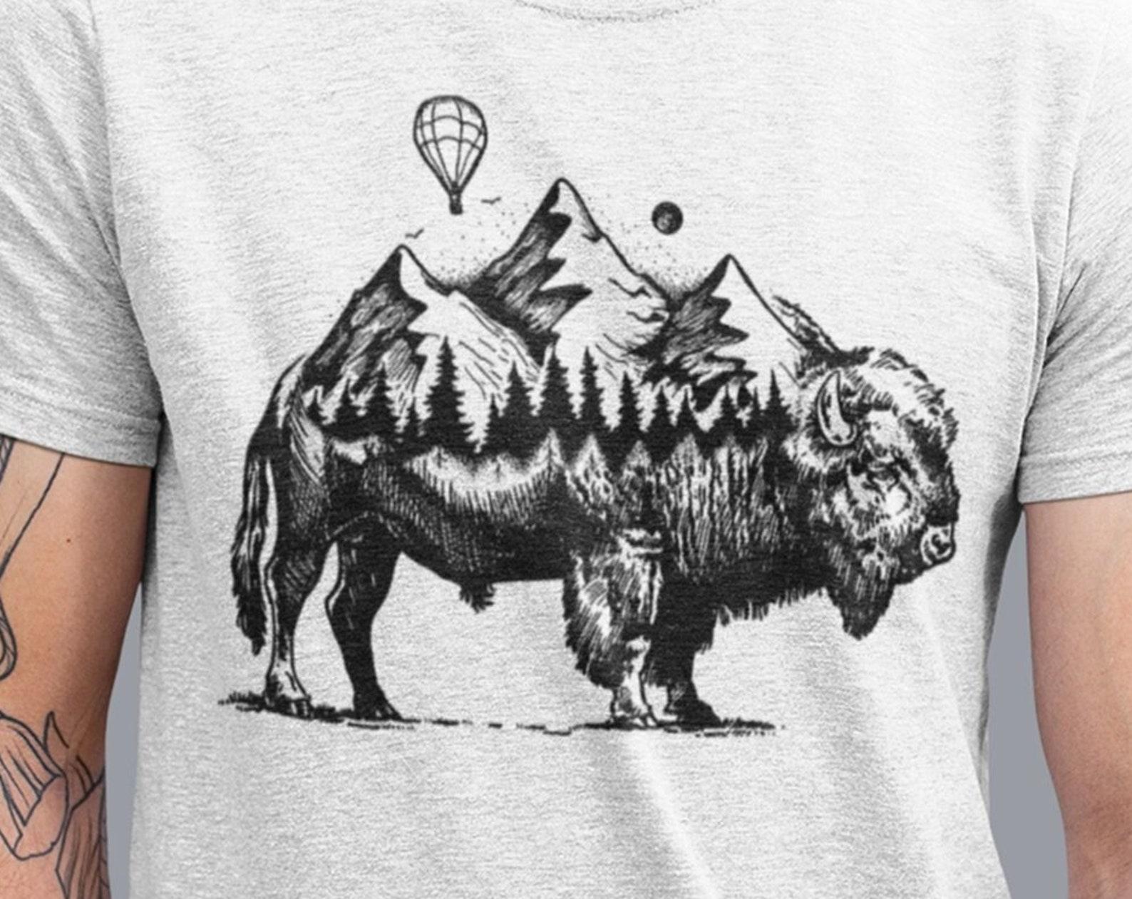 Mens TShirt Buffalo TShirt - Buffalo Mountain Forest Design - Bison TShirt - Wyoming Gifts for Men - Screen Print TShirt Mens/ Unisex Tee XL