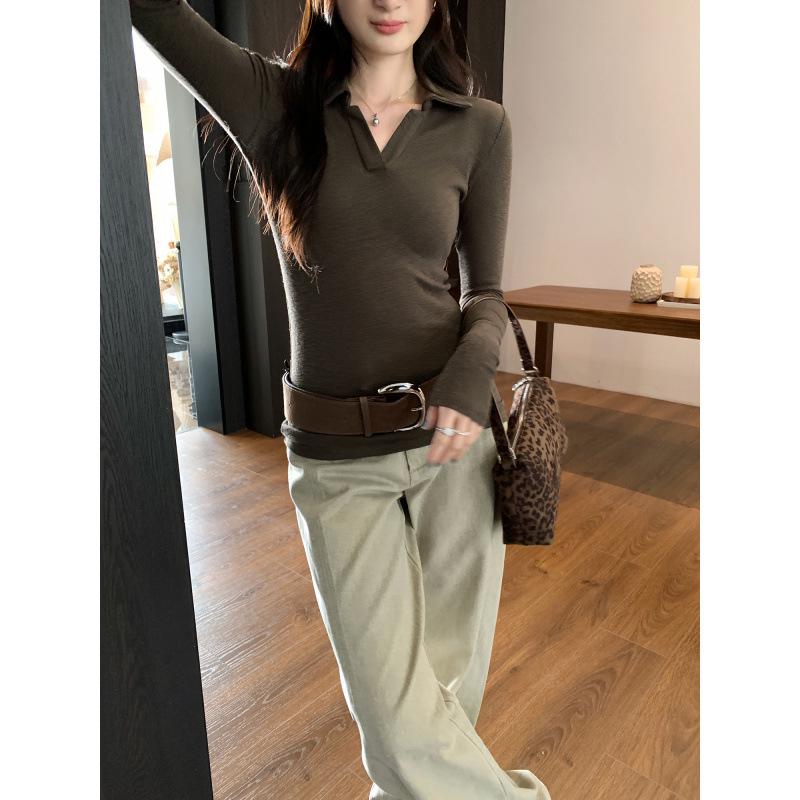 Super Flattering Slim Fit Grey Lapel T-Shirt for Petite Women, Autumn/Winter 2025