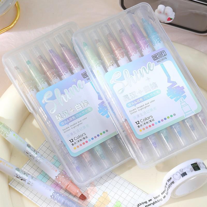 Dual-Color Glitter Fluorescent Pen Soft Series: Soft Tip, Eye Protection, Astigmatism-Friendly, Student Highlighting & Colored Journal Marking Pen Slanted Tip