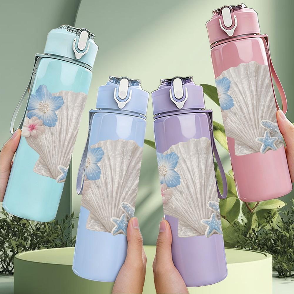 1PC Conch Shell Blue Flower Art Print 750ml Color Plastic Sports Water Bottle Leakproof Flip Straw Lid Suitable for Sports Office Home Use