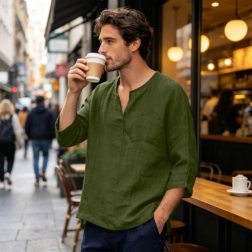 Men's Casual Linen Cotton Blend Three Quarter Sleeve Shirt Loose Fit Lightweight Breathable Summer Top