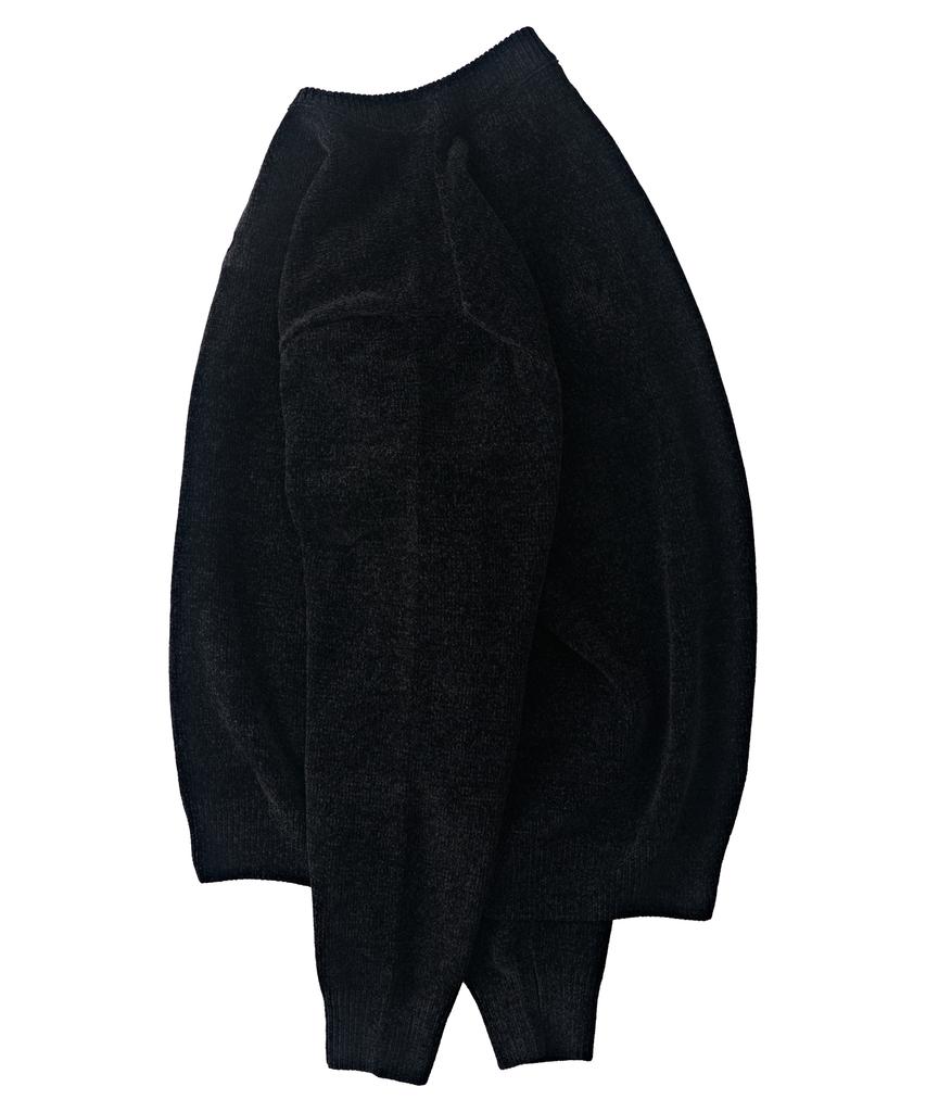 ANALOG MOOD Velour Refined Henley Neck Round Knit (Black)