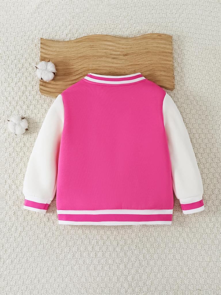 Single-piece girl's versatile and cute style fleece-lined stand collar long-sleeved zipper thick pink jacket top for spring, autumn and winter.