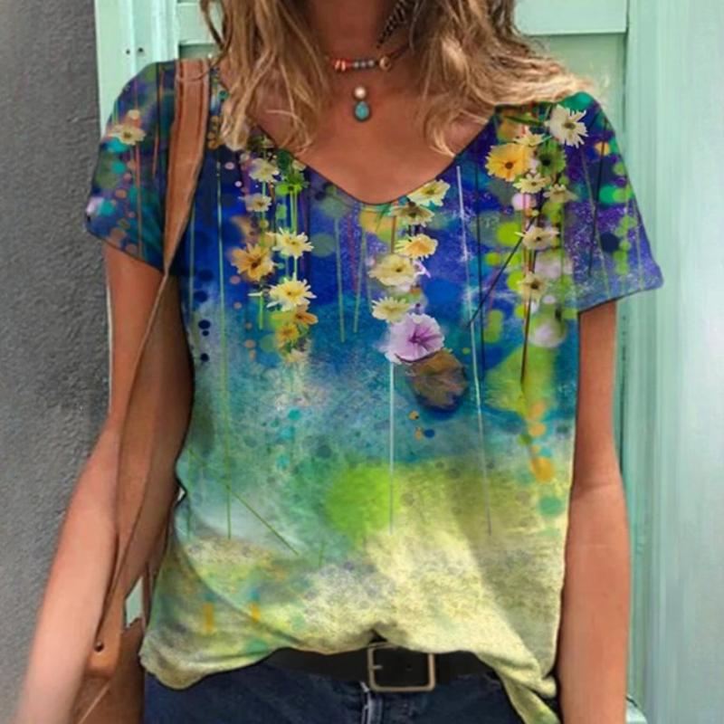 

QICED Женская футболка с коротким рукавом и V-образным вырезом, универсальная, с цветочным принтом, весна-лето XXXXXL синий