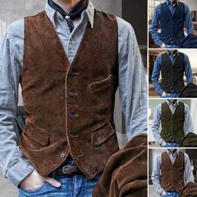Men Waistcoat V-Neck Sleeveless Single Breasted Vest Coat Solid Color Slim Fit Corduroy Retro Style Waistcoat with Pockets