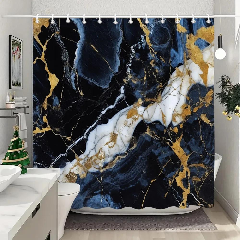 Blue Gold Textured Marble Shower Curtain Black White Natural Art Pattern Polyester Fabric Washable Shower Curtain Bathroom Dec