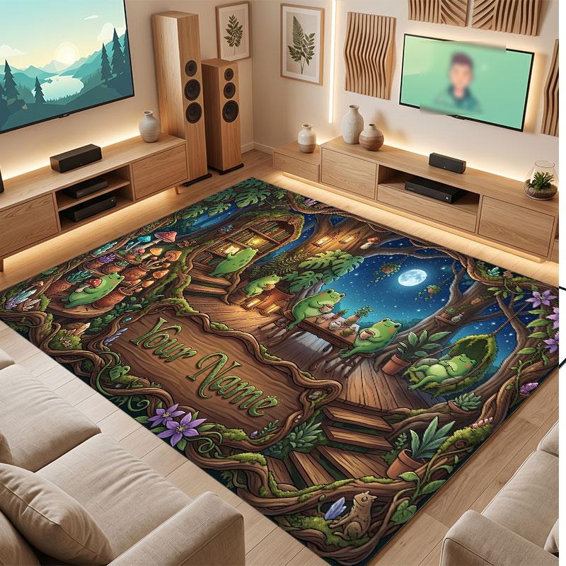 Mushroom Forest Theme Crystal Velvet Floor Rug Personalized Custom Name Text Warm Carpet Home Decoration
