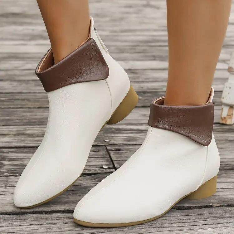 French Style Short Boots Autumn Winter New Soft Bottom Smooth Surface Bootie Slim Fit Chunky Heel Back Zipper PU Leather Boots