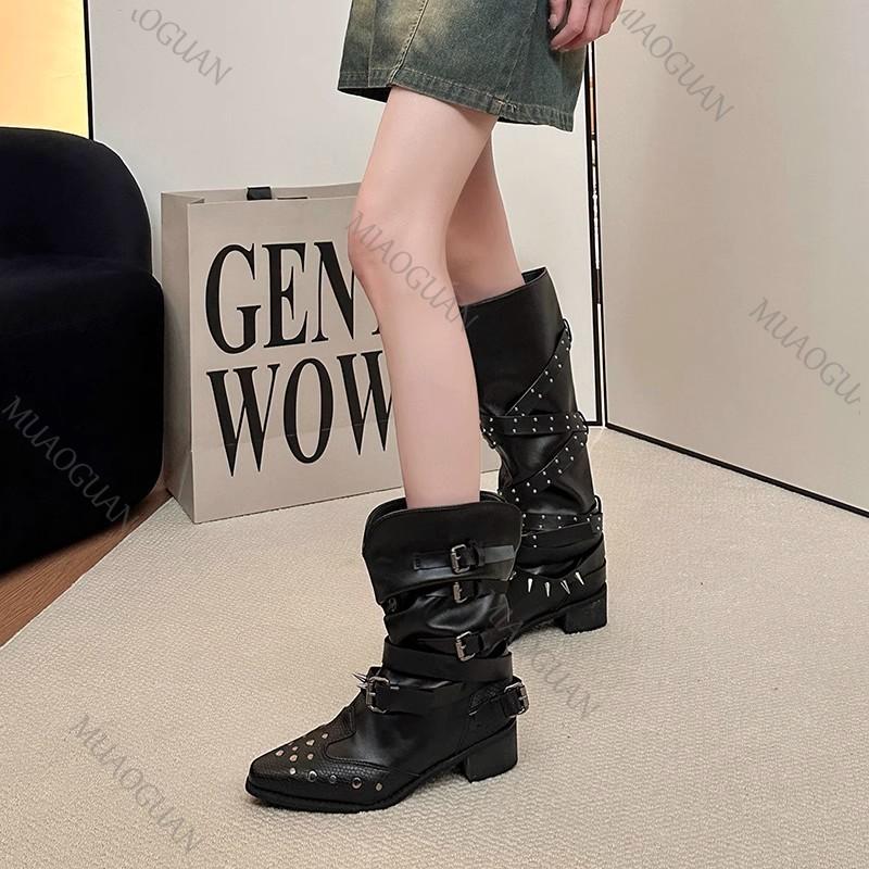 Fashion Pleated Buckle Western Boots Fashion Shoes for Women Pointed Toe Thick Middle Heel Rivet Punk Style V-Mouth Short/Long Botas