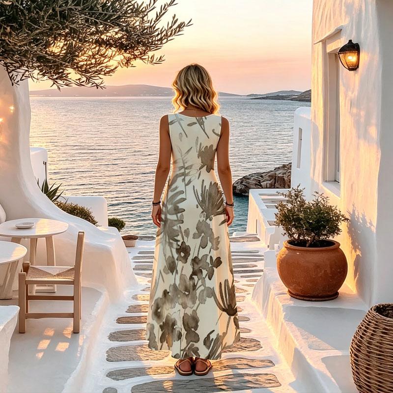 Bohemian Floral Sleeveless Maxi Dress Lightweight Flowy Fabric,Ideal for Beach Vacation Daily Casual,Stylish Versatile