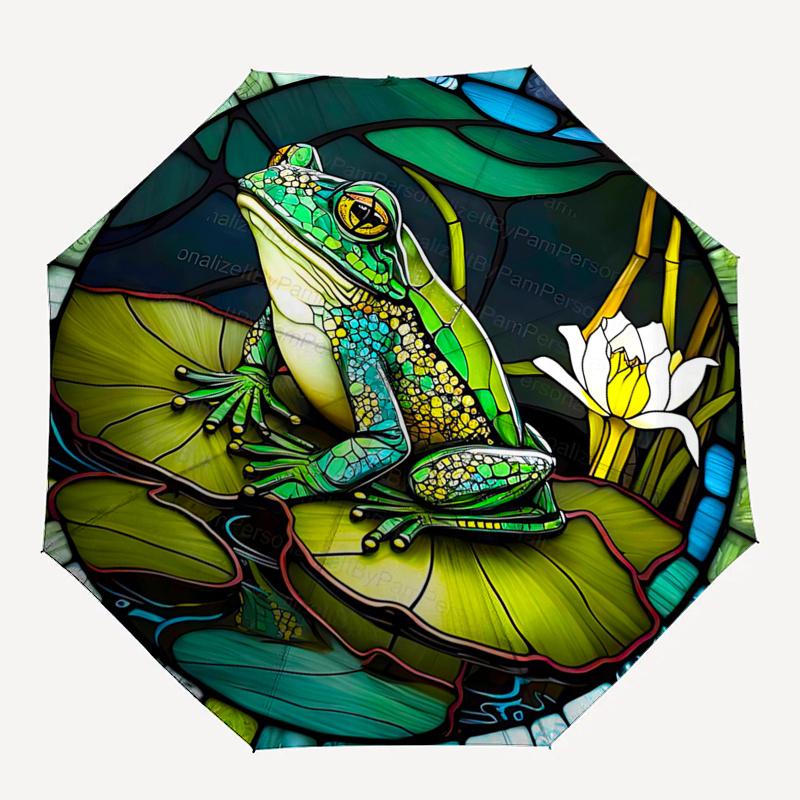 Frog on Lily Pad Stained Style Automatic Opening Umbrella - Portable Folding Design with Iron Frame - Gift for Fans, Travelers, Everyday Use