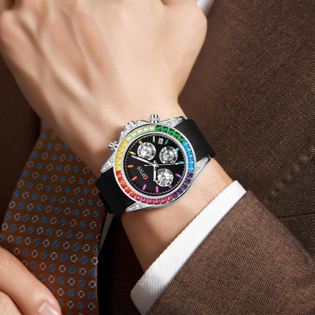 Pánské hodinky Rainbow Diamond Chronograph Šestiprsté Quartzový strojek Voděodolné Kalendář Noční osvětlení Luxusní pánské hodinky