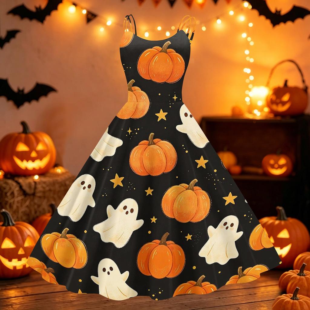 Womens Halloween Print Off Shoulder Punk Vintage Dress Sleeveless Spaghetti Strap Retro Style Midi Dress