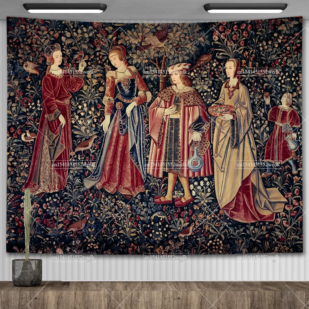 Гобелен «Леди и единорог» Средневековый гобелен Настенный гобелен Печатный домашний декор Гобелены Фоновое покрытие для комнаты Для кровати 29x37in 74x94cm
