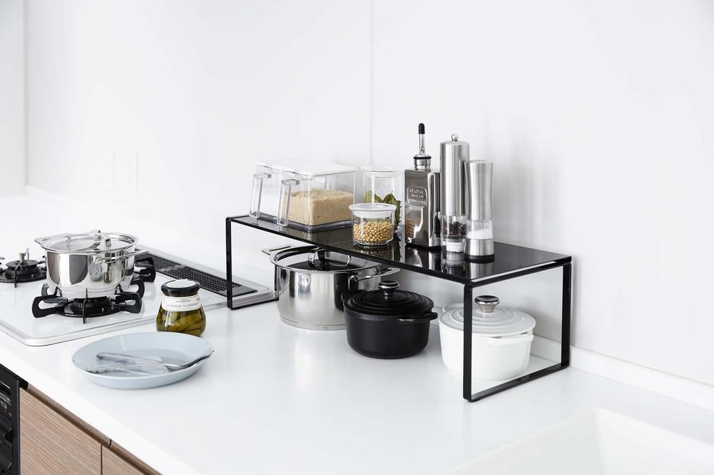 Yamazaki Jitsugyo 3866 Extendable Storage Shelf Black X D23 X H18cm Tower Under Sink Storage Kitchen Rack Approx. W36.5-60