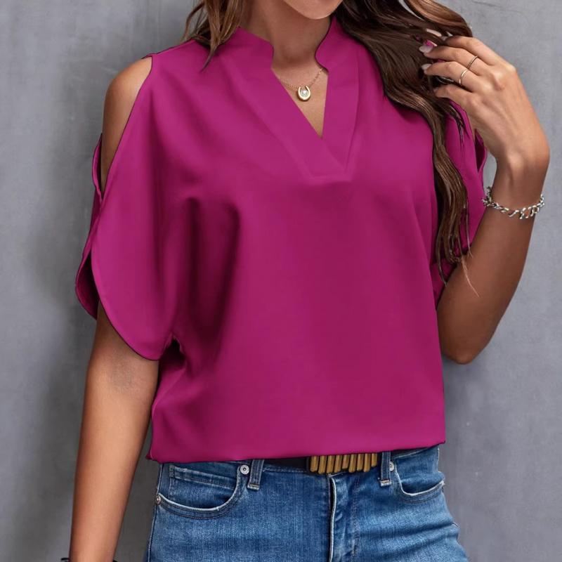 2026 Summer New V-neck Elegant Short-sleeve Fashionable Off-shoulder Women's Solid Color Top