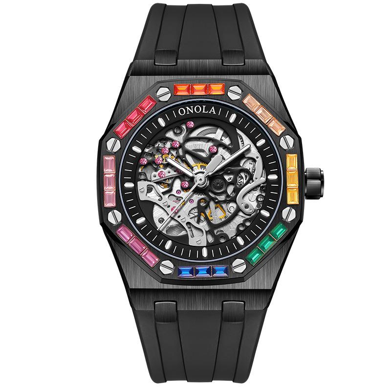 ONOLA Montre Homme Automatique Mécanique Fashion Diamants Arc-en-ciel Bracelet Silicone Étanche