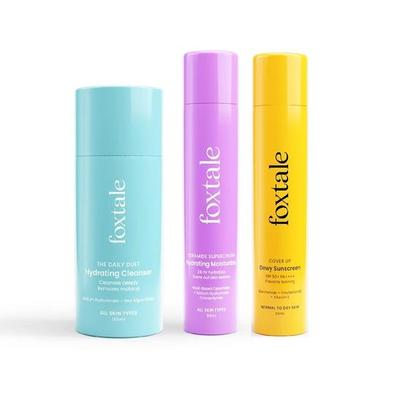 FoxTale Set Trio de Îngrijire a Pielii Luminoase, Gel de Curățare pentru Față 100ml + Cremă Hidratantă cu Ceramide 50ml + Cremă de Protecție Solară cu Finish Luminoasă 50ml, SPF 50, Acnee