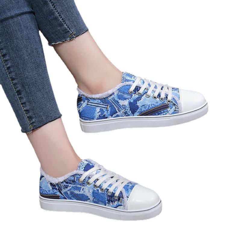 Foreign Trade Large Size Women's Shoes 2025 European and American New Color Printing Low-top Canvas Shoes Lace-up Casual Flat Shoes