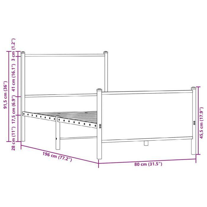 VidaXL Metal Bed Frame with Headboard and Footboard 75x190 Cm, Single Bed, Bedroom Furniture, Guest Bed, 4007724